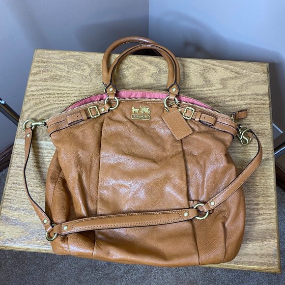 Coach Handbags - Coach Camel/Gold leather Madison Lindsey Satchel